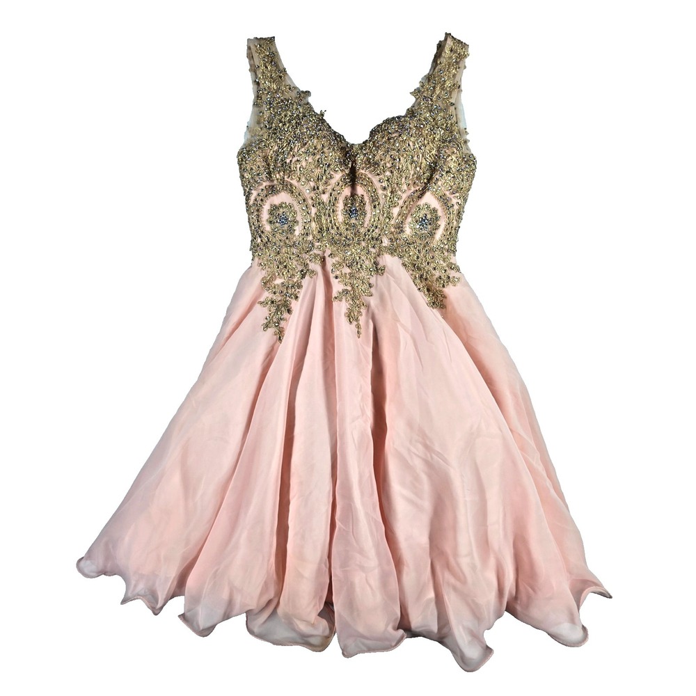 May Queen Couture Cocktail Party Midi Dress Pink Chiffon Skirt Gold Embellished